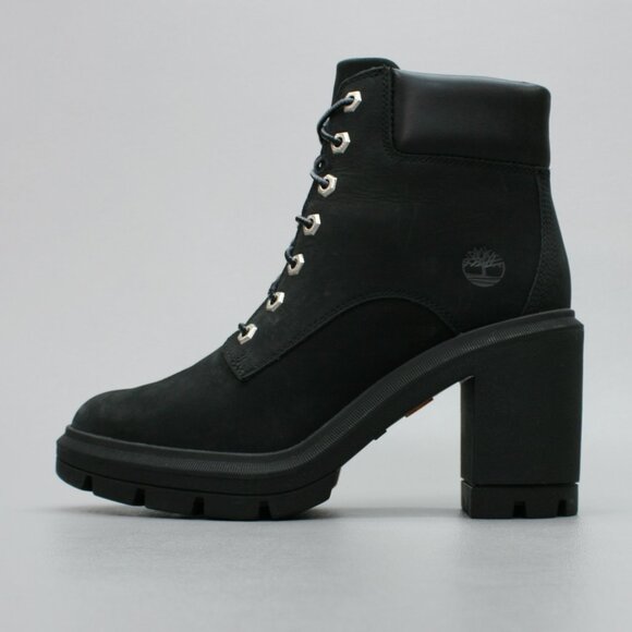 Timberland Ladies 8.5 Allington Heights 6" Black Nubuck Heels Ankle Boots A5Y6C - Picture 2 of 12